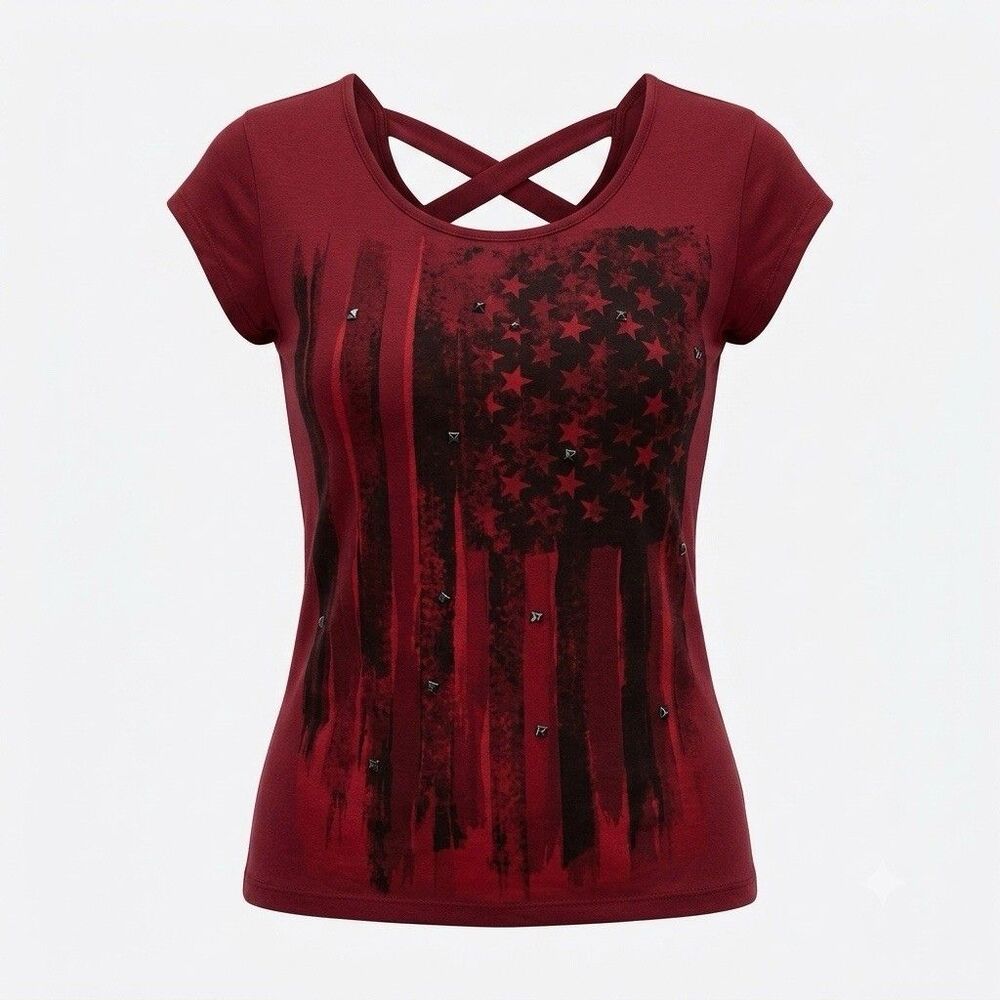 Women’s Burgundy Short Sleeve Crisscross Tee with Flag Print
